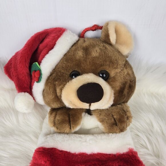 Vintage Smithy Plush Brown Teddy Bear Red Christmas Stocking 3D Head 21” - Picture 2 of 11